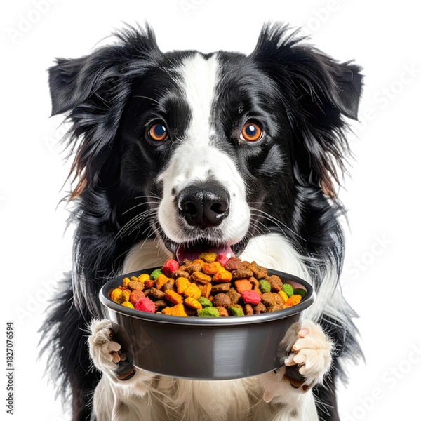 Fototapeta A hungry Border Collie eagerly holds a bowl full of colorful kibble against a black background.