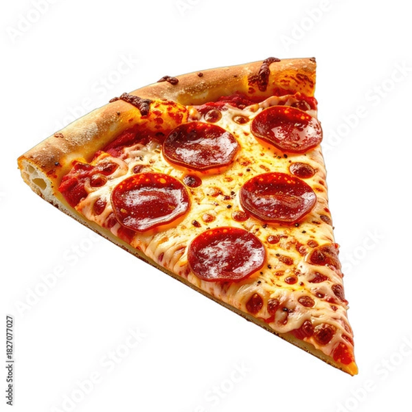 Fototapeta A perfect slice of pepperoni pizza isolated on a stark black background.