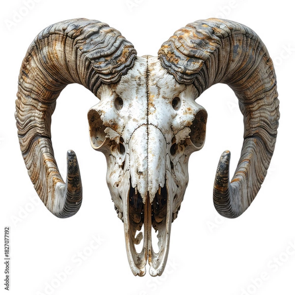Fototapeta Detailed frontal view of a weathered bighorn sheep skull with large, curved horns against a black background.