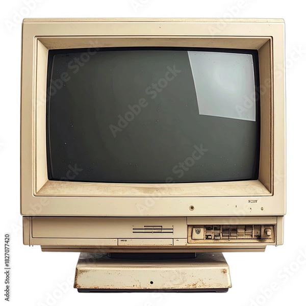 Fototapeta A vintage, beige CRT computer monitor isolated against a black background.