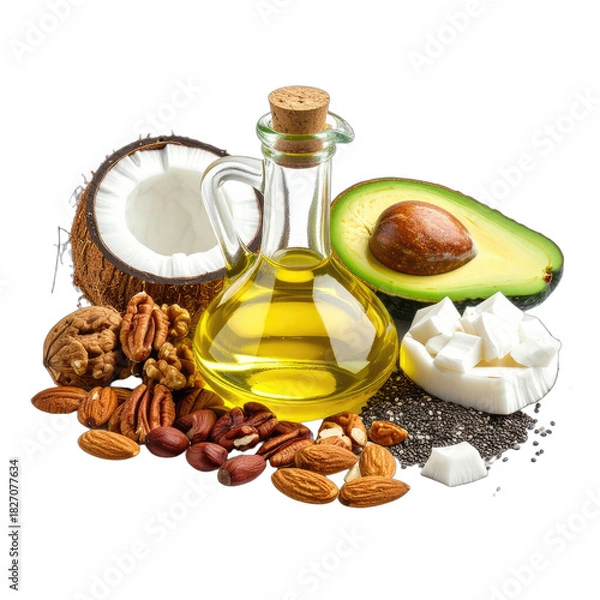 Fototapeta A selection of healthy fats including various nuts, avocado, coconut, and oil on a black background.