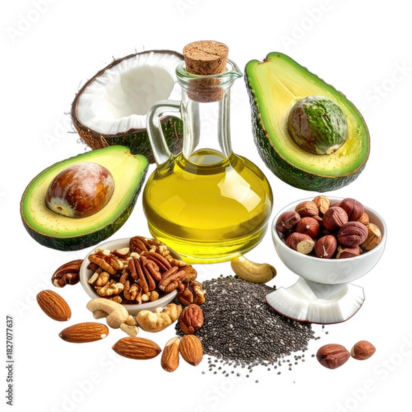 Fototapeta A collection of healthy fats including avocado, coconut, various nuts, seeds, and oil.