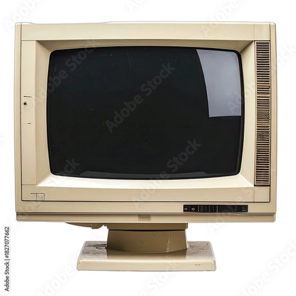 Fototapeta A vintage, beige CRT computer monitor isolated on a black background.