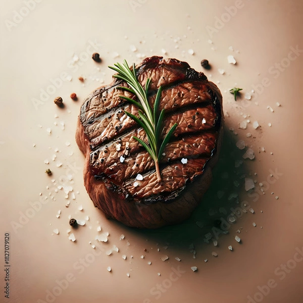 Obraz  Single beef steak with rosemary garnish, photographed against a soft beige background