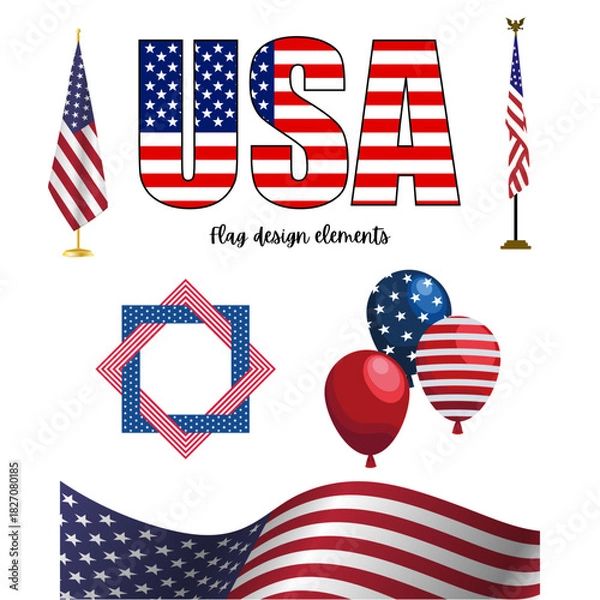 Fototapeta Usa flag design elements including word usa, flag, balloons, star frame, and wavy flag graphic