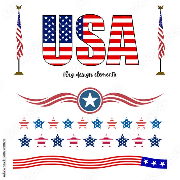 Fototapeta Set of usa flag design elements, including text, stars, stripes, and flagpole graphics
