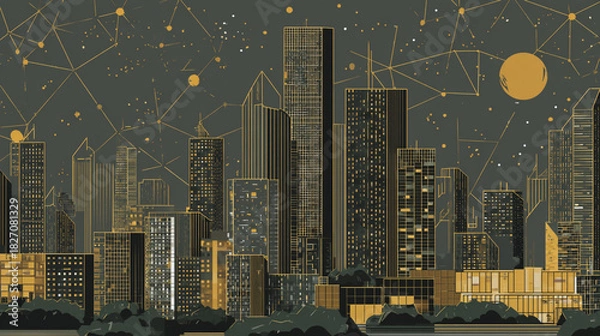 Obraz Smart digital Innovation city with connection network reciprocity over the city of future smart wireless digital city and social media networking systems