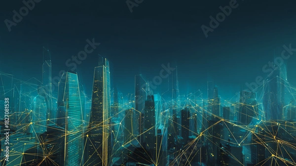 Fototapeta Smart digital Innovation city with connection network reciprocity over the city of future smart wireless digital city and social media networking systems