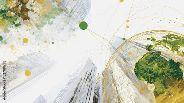 Fototapeta Smart digital Innovation city with connection network reciprocity over the city of future smart wireless digital city and social media networking systems