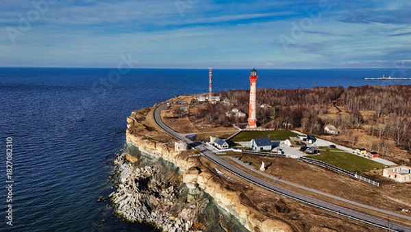 Fototapeta Paldiski Lighthouse and Coastal Limestone Cliffs Aerial View