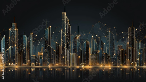 Obraz Smart digital Innovation city with connection network reciprocity over the city of future smart wireless digital city and social media networking systems