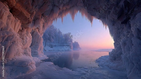 Fototapeta sunset view from icy cave with icicles, frozen cavern glowing with warm winter light