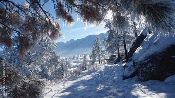 Fototapeta snowy mountains under bright winter sky, frosty forest and peaks in cold morning light