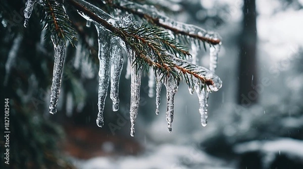 Obraz icicles hanging from snowy branch, winter branch with melting frozen icicles close-up