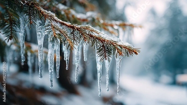 Fototapeta snowy pine branch with long icicles, frozen icicles hanging from evergreen needles