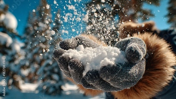 Obraz dog jumping through snowy winter forest, playful dog leaping in bright snow-covered woods