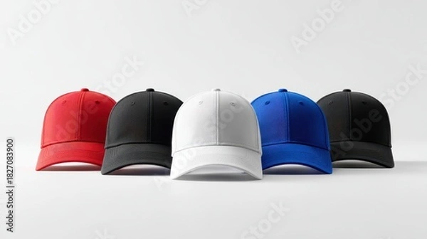 Fototapeta Five colorful baseball caps in a row, isolated on white background
