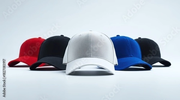 Fototapeta Collection of colorful baseball caps arranged in a row on a light background