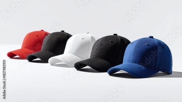 Fototapeta Five colorful baseball caps lined up, isolated on white background