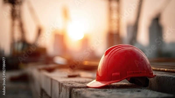 Fototapeta Red hard hat on a concrete beam at a construction site during sunset