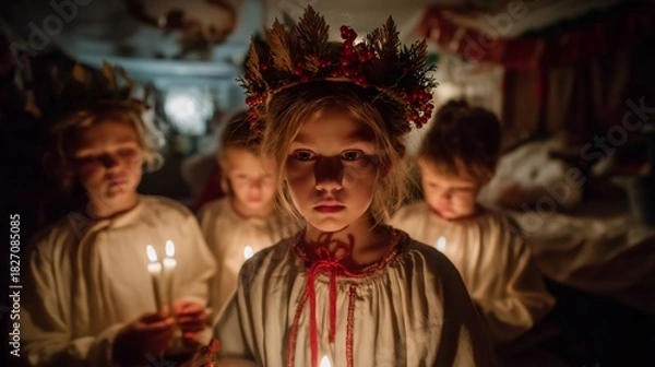 Obraz Children dressed in white hold candles, creating a warm glow in a cozy room. The atmosphere is festive as the family celebrates St. Lucia Day together during the winter