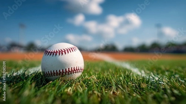 Fototapeta Baseball resting on the green grass of a field under a clear blue sky