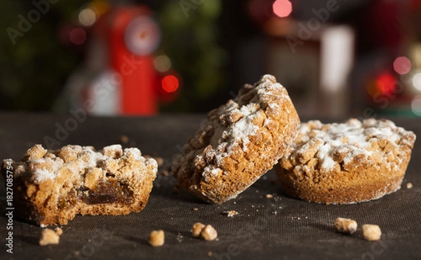 Obraz Christmas mince pies with Christmas decorations in the background
