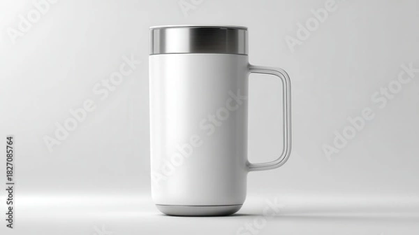 Fototapeta White travel mug with silver lid and handle, isolated on white background