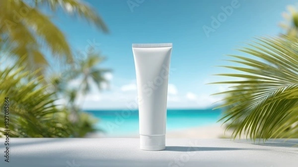 Fototapeta White cosmetic tube mockup on a tropical beach with palm trees and blue sky