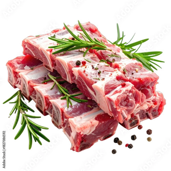 Obraz Raw seasoned lamb chops stacked with fresh rosemary and peppercorns on black background