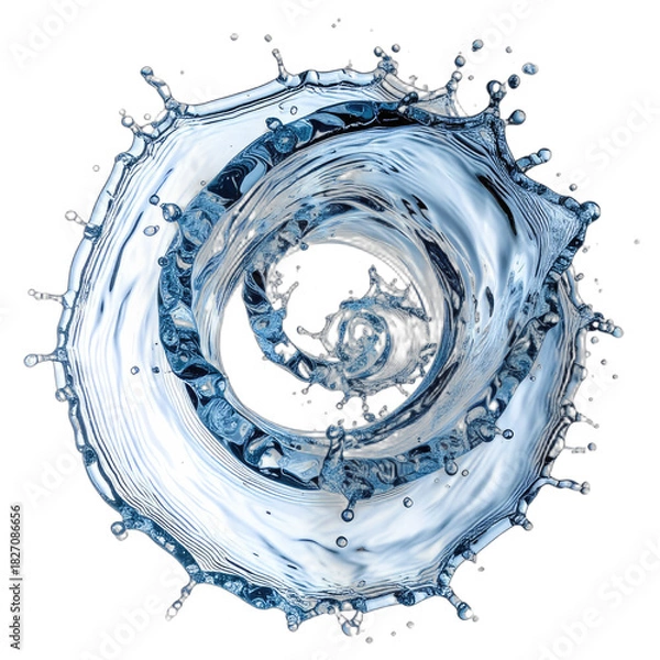 Fototapeta A dynamic, high-speed photograph captures a water splash forming a mesmerizing spiral vortex against a stark black background.