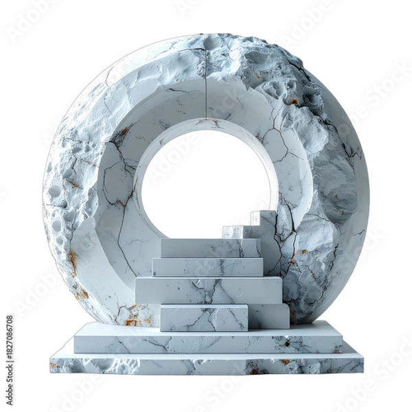 Obraz A striking white marble circular gateway structure with rough texture and ascending steps.