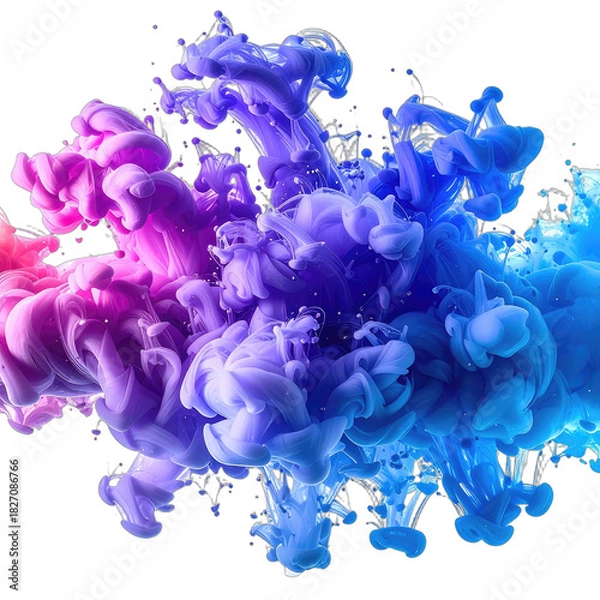 Fototapeta Vibrant magenta and cyan ink swirling dramatically in dark liquid against a black background.