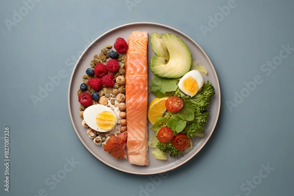 Fototapeta Colorful healthy meal with salmon, vegetables, and fruits served on a plate