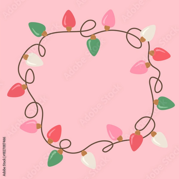 Fototapeta A bright frame of garlands with festive red lights on a pink background in a flat style.