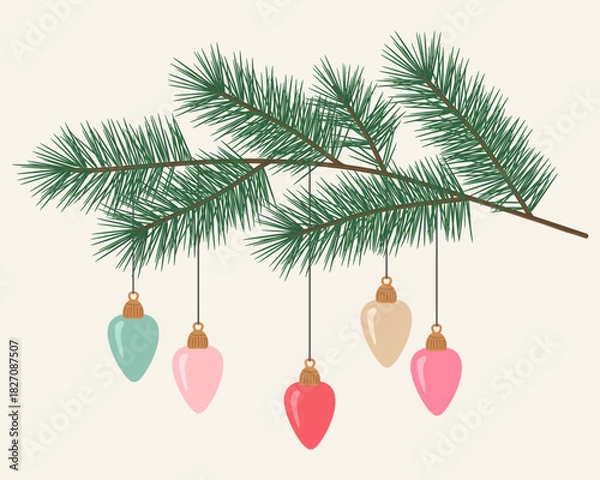 Fototapeta Christmas tree branches decorated with colorful balls. Vector holiday illustration in flat style.