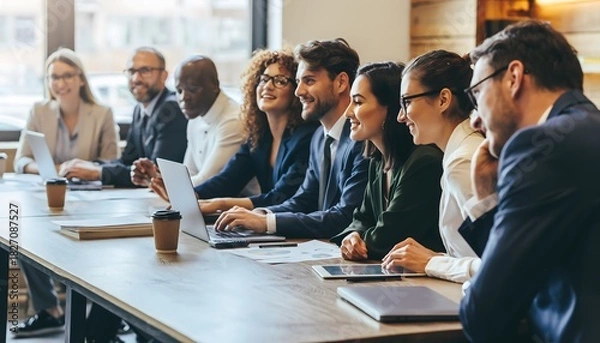 Fototapeta Dynamic Collaboration: Diverse Professionals Engaging in Productive Discussions Around Modern Office Tables