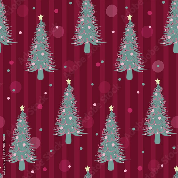 Obraz Christmas tree on red striped background seamless pattern 
