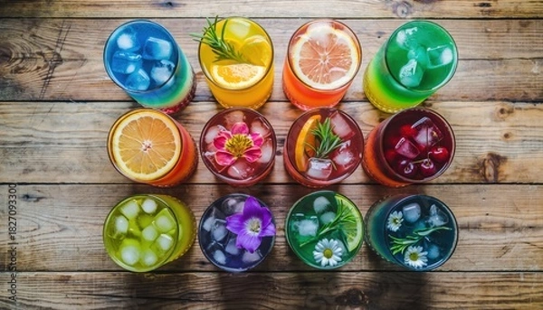Fototapeta Colorful assorted fruit and herb infused beverages with ice on wooden background