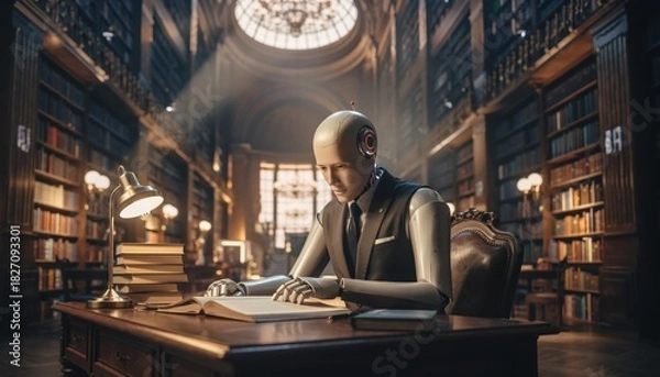 Fototapeta Ai robot studying in antique library with sunlight streaming through large window
