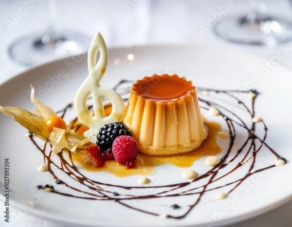 Fototapeta Elegant dessert presentation with caramel flan and fresh berries