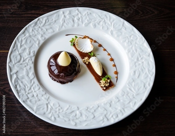 Fototapeta Elegant chocolate dessert with artistic presentation on textured white plate