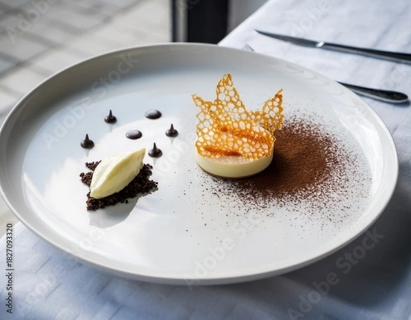 Fototapeta Elegant dessert plate with artistic presentation and gourmet plating