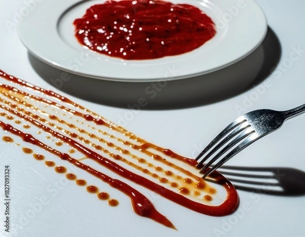 Fototapeta Artistic display of sauce drizzles and fork on white surface with red dish in background