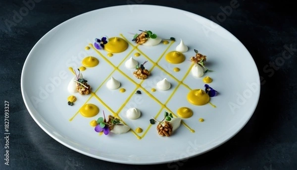 Fototapeta Modern geometric plated dessert with elegant garnish and artistic presentation