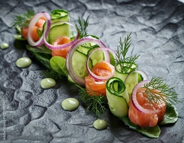 Fototapeta Elegant gourmet salmon tartare with fresh vegetables and herb garnish on textured plate