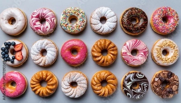 Fototapeta Assorted colorful donuts arranged in rows on gray background