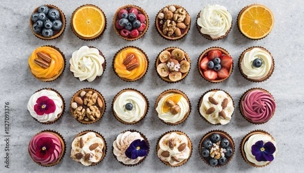 Fototapeta Assorted gourmet cupcakes with fruits and nuts top view on marble background