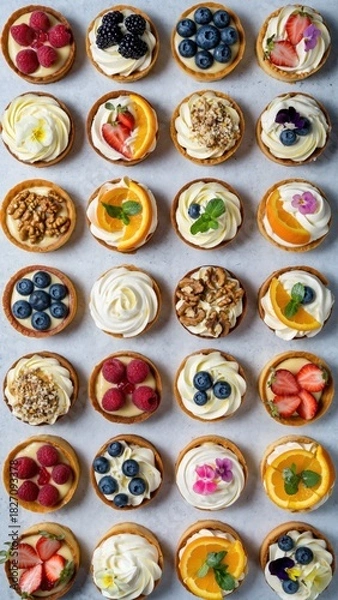 Fototapeta Assorted mini tarts with fresh fruits and cream: a colorful display of delicious pastries