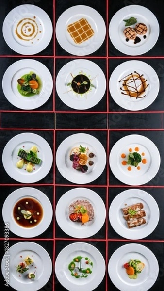 Fototapeta Elegant gourmet cuisine: top view of artful plated dishes on black background with red borders